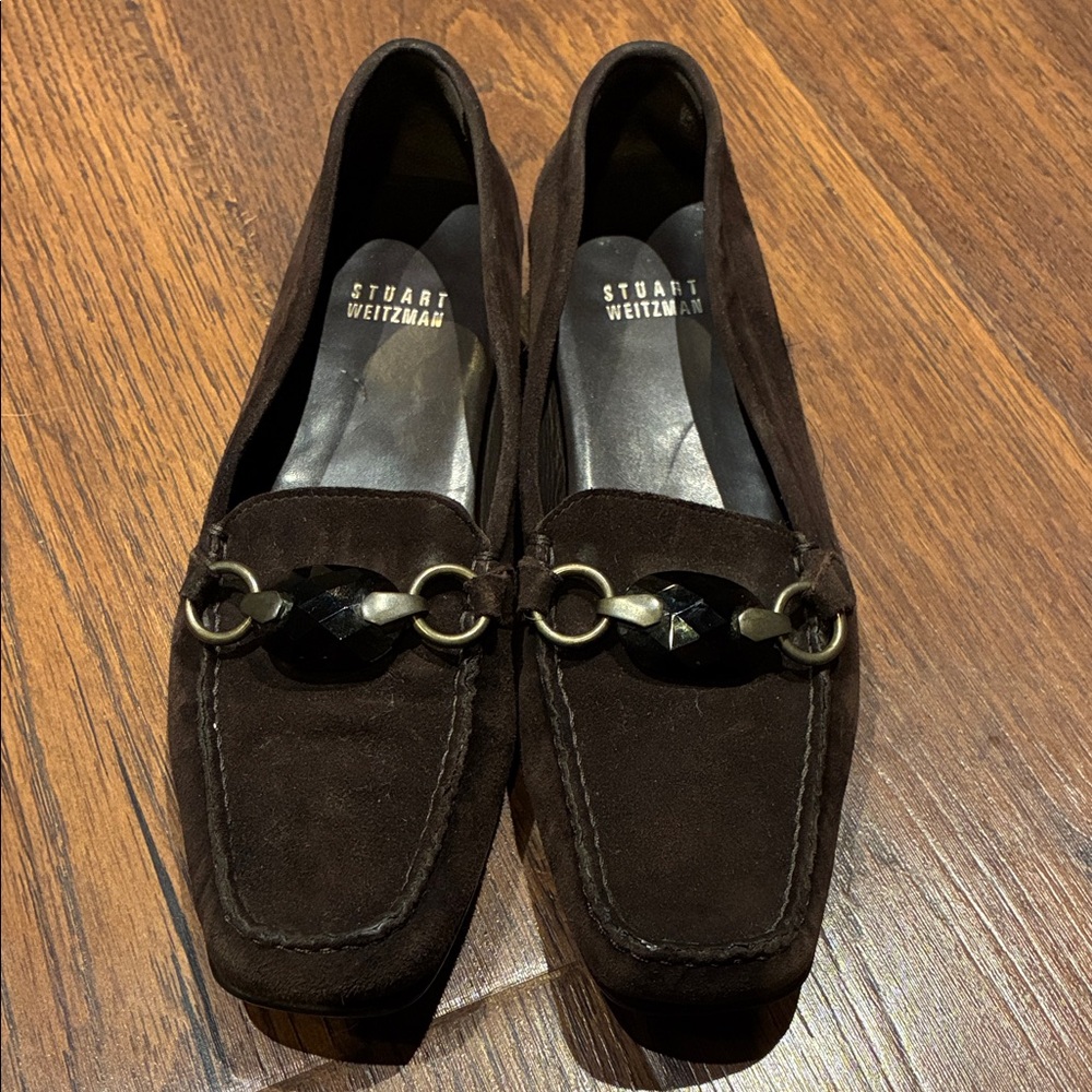 Stuart Weitzman Dark Brown Suede Loafers with Chain Accent